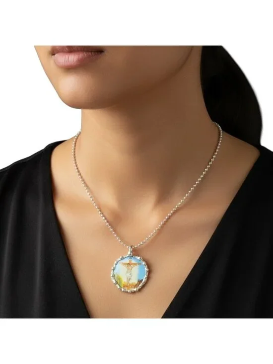 Broken China Crucifix Pendant - Silver Blend Cabochon Necklace | Alma Antigua - Picture 3 of 10